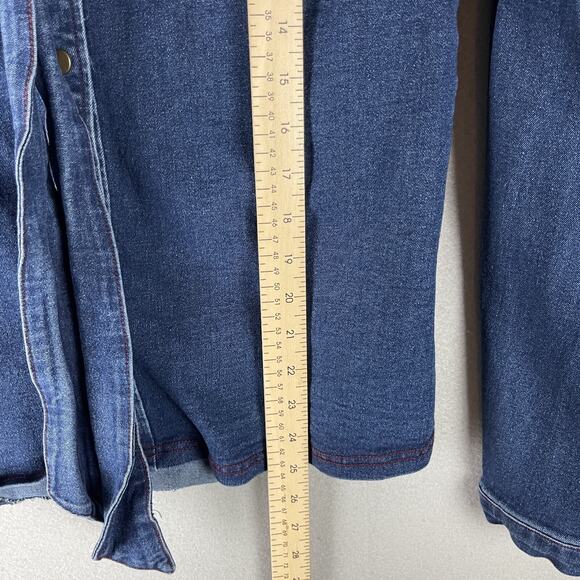 Aaron & Amber Denim Top Womens Large Blue Puff Sleeve Tie Neck Snap Button Heavy - Picture 10 of 16